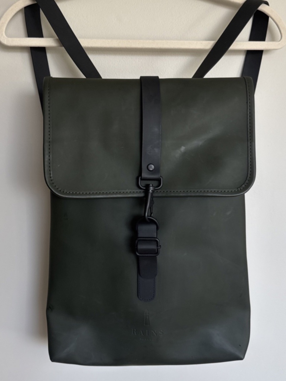 Rains Backpack Mini Waterproof Matte Green Daypack Hook Closure Unisex 16"